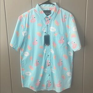 VSTR Collar Shirt Aqua Blue  Pink Flamingo Lemon Slice Donut Men’s Large NWT